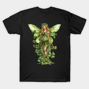 Lovely Saint Patrick's Day Fairy standing in four leaf clovers and shamrocks happy St. Patricks Day T-Shirt